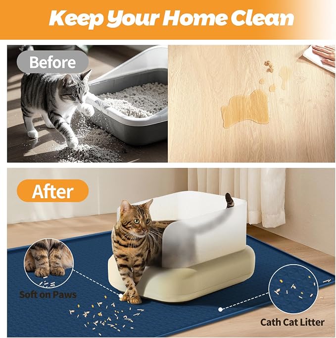 Cat Litter Mat for Litter Box 51"x25.6" Extra Large Silicone Mat, Blue | Waterproof Non-Slip Litter Box Mat with Raised Edges, Cat Litter Trapping Mat for Pet, Cat Litter Rug for Floor