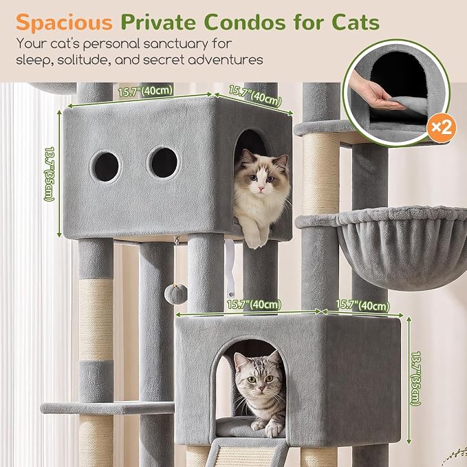 Globlazer Sturdy Cat Tower for Indoor Cats 20lbs, 76in, S76E, Light Grey | Heavy Duty Cat Tree for Adult Big Cats Maine Coon with Scratching Post, 2 Extra Large Top Perch, 2 Padded Cat Condos