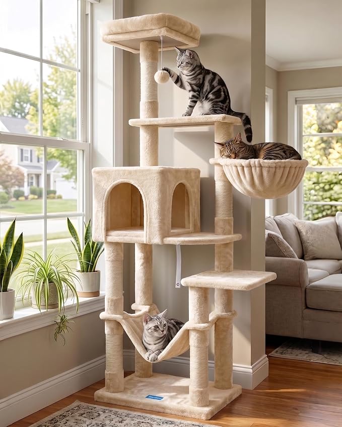 Hey-brother Cat Tree, Multi-Level Sisal Covered Scratching Posts, MPJ050M | 60.6 Inches Tower with Condo, Large Hammock, Top Perch, Toy Ball for Indoor Multi-Cats Households, Beige