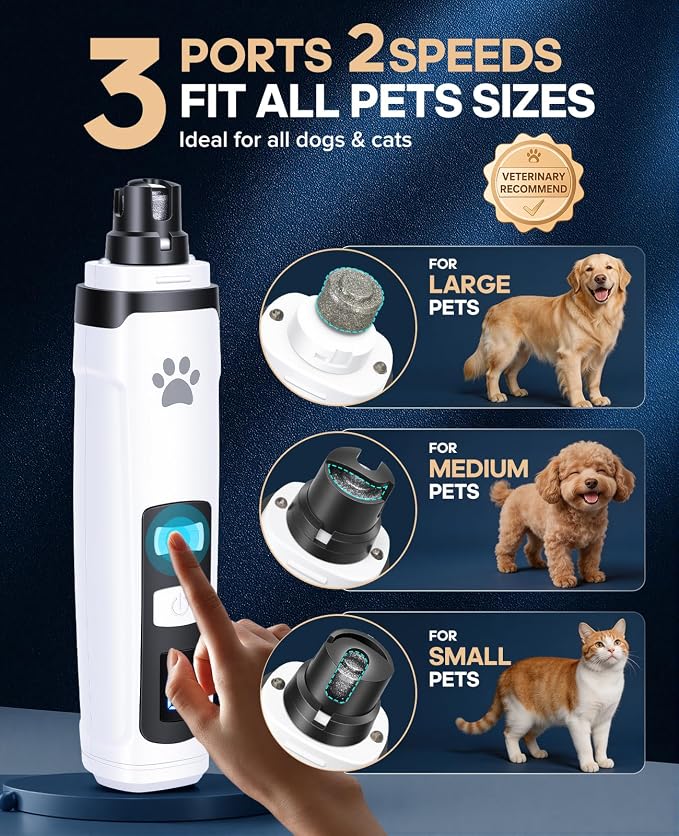 Dog Nail Grinder with 2 LED Lights | Type C 2 Speed Rechargeable Pet Nail Trimmer, Quiet for Paw Grooming, Powerful Painless Claw Clipper Kit