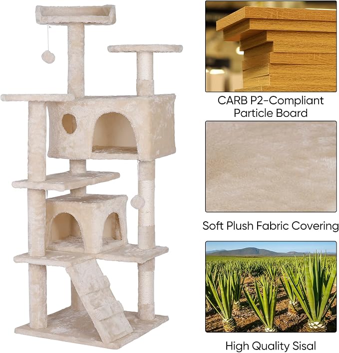 ZENY 55 inches Cat Tree with Sisal-Covered Scratching Posts and 2 Plush Rooms Cat Furniture for Kittens