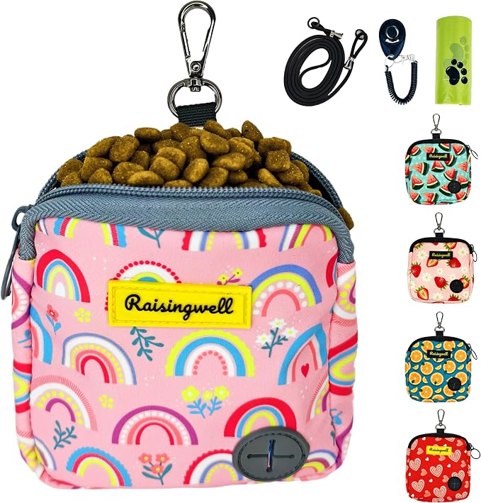 Raisingwell Dog Treat Pouch for Pet Walking and Training with Clicker Poop Bags Small Fanny Zipper Pack Holder for Puppy Snack Dispenser Kit for Leash and Outdoor Use (Rainbow)