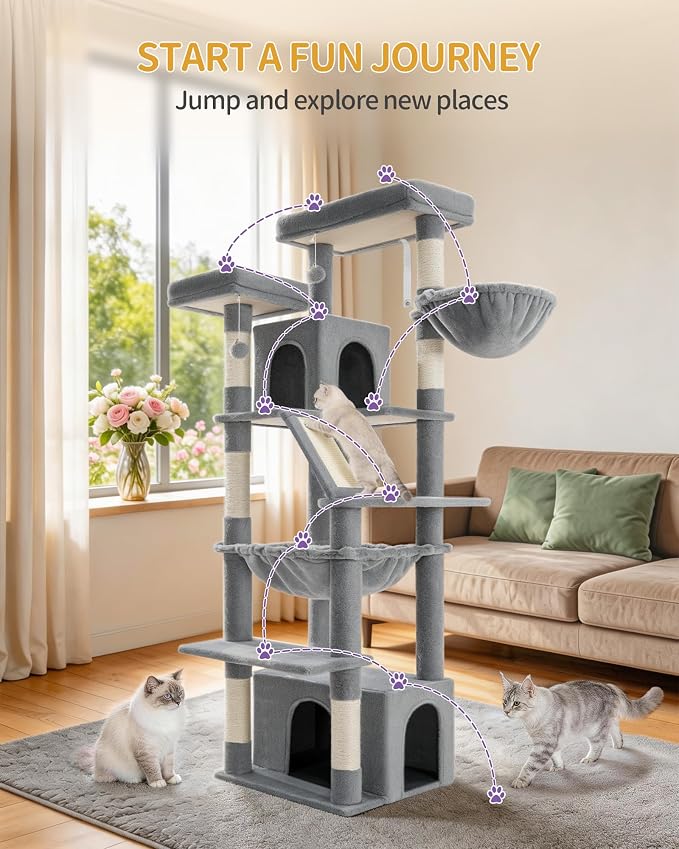 Hzuaneri Large Cat Tree, 72 Inch Tall Multi-Level Cat Tower for Indoor Cats | Cat Condo Furniture with 6 with Sisal Scratching Posts, 2 Large Platforms, 2 Cats House, Hanging Basket, Light Gray MS18318LG