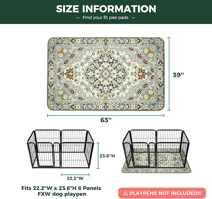 FXW Washable Pee Pads for Dogs, Super Absorbent, 39" x 63", 1 Pack | Machine washable, Non-slip backing, Fits 24"H 6-Panel FXW Rollick/Homeplus Playpens
