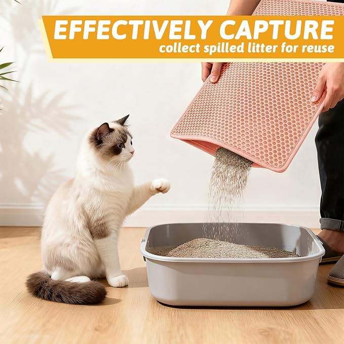 Pieviev Cat Litter Mat, Double-Layer Waterproof Design, 24" x 15" Coral Red | Honeycomb Litter Box Mat Catches Scattered Particles to Stop Tracking, Urineproof Base protects Floors, Easy to Clean