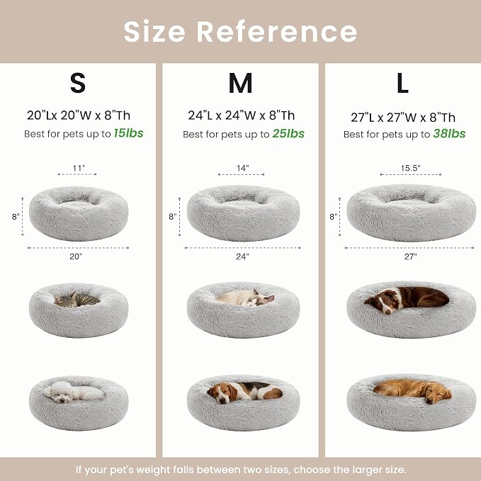 Love's cabin Calming Cat Bed for Indoor Cats, Anti-Anxiety Donut Round Dog Bed, Fluffy Faux Fur Washable Pet Bed for Small Medium Dogs and Cats, Grey, 20in