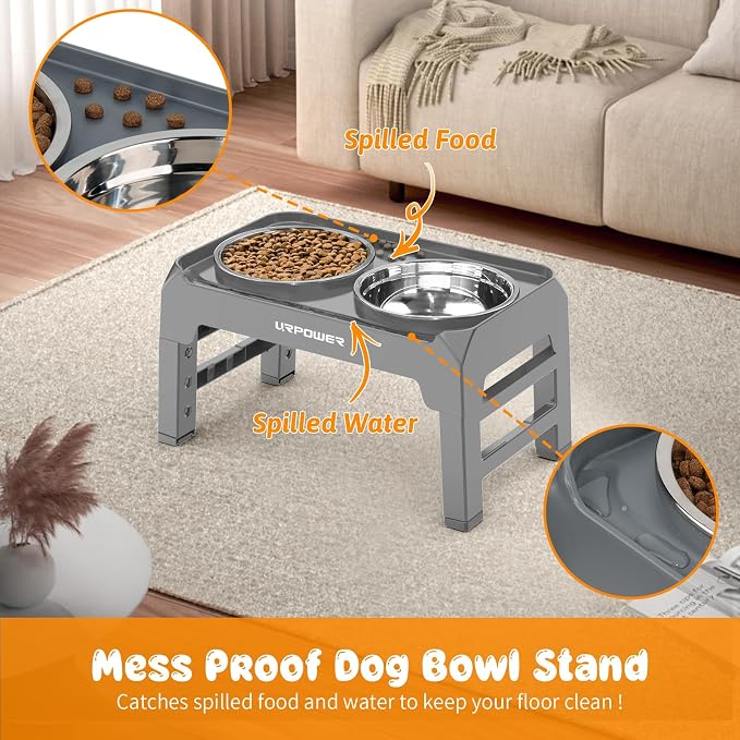 URPOWER Raised Dog Bowls 4 Height Adjustable Elevated Bowl Stand | Stainless Steel Water Bowl Non-Slip Dog Food Bowls Stand for Small Medium Large Dogs and Pets