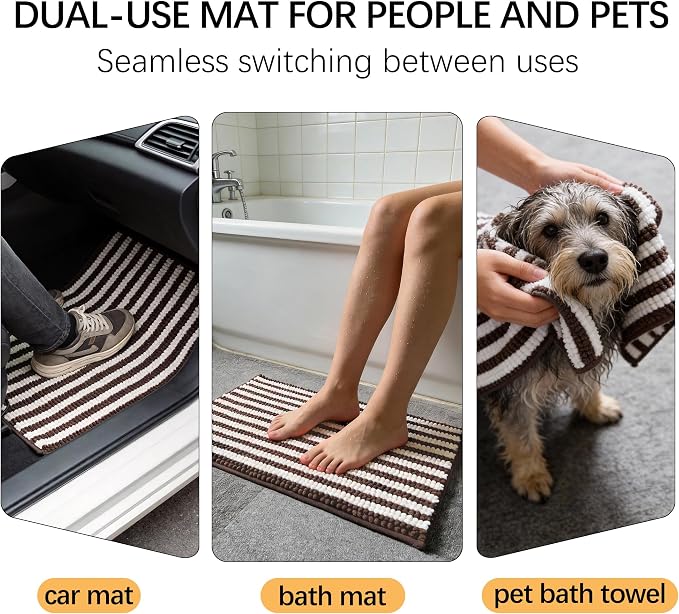 Dog Door Mat for Muddy Paws - Absorbent Quick-Dry Non-Slip Washable Chenille Pet Rug, Indoor Entryway Mat for Front Door & Crate (Brown, 30" L*18" W)