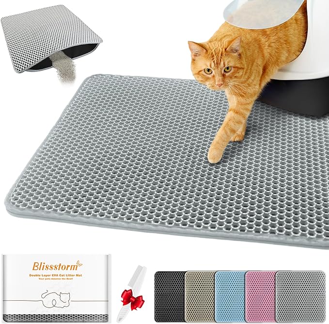 Cat Litter Mat 16"x20",Double Layer EVA litterbox Mat, Gray | Waterproof honeycomb large grid, urine-proof and odor-free. Traps litter, easy cleanup,Washable, non-slip backing