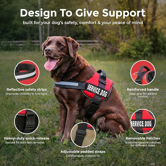 Industrial Puppy Service Dog Vest Harness - Durable & Adjustable Vest for Dog with Reflective Straps, Removable Patches, 50 ADA Cards, Handle & D-Ring, Travel and Daily Use,Bright Red, Large 27"-33"