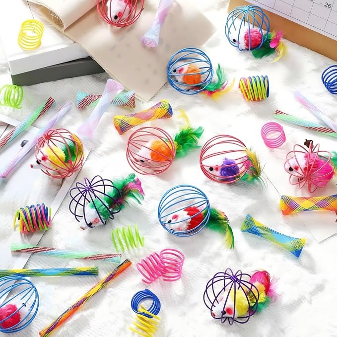 100 Pcs Cat Springs Toys Pack for Indoor Kitten Colorful Cat Supplies Include Interactive Plastic Spring Metal Cage Balls Rolling Mesh Tubes for Kitten Stray Cats to Play Hunt