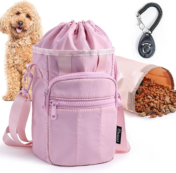 Stylish Dog Training Treat Pouch with Waist & Shoulder Strap, Dog Treat Bag for Walking and Training, Removable Waterproof Liner, Drawstring Treat Holder with Front Pocket & Clicker