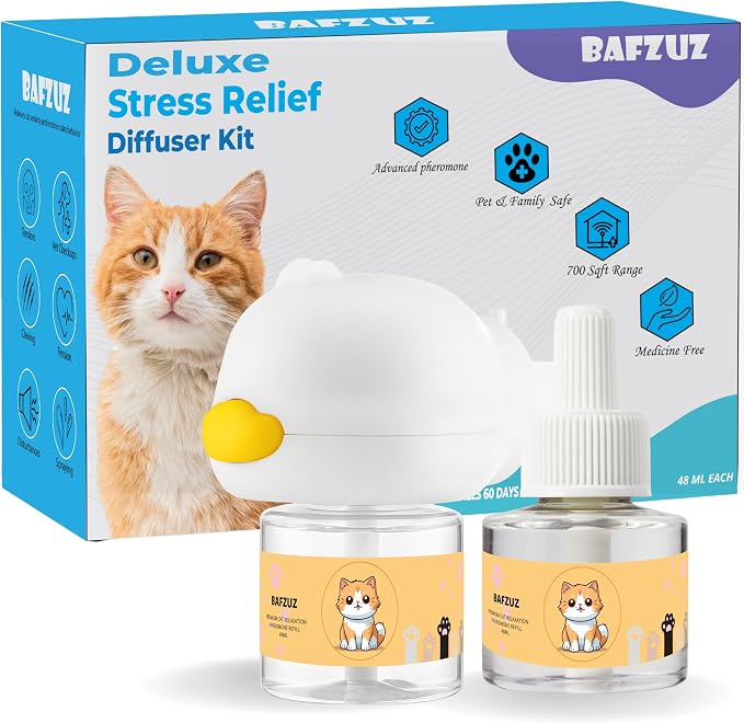 BAFZUZ™ Cat Calming Diffuser - Pheromone Diffuser for Cats | Stops Peeing, Spraying, Scratching, Hiding & Aggression | Anxiety & Stress Relief | 1 Diffuser + 2 Refills, 60-Day Supply