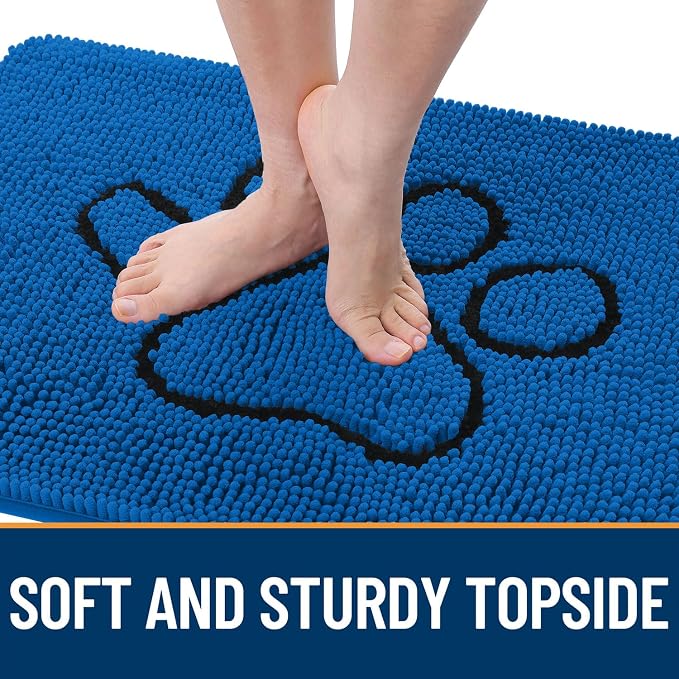 OLANLY Dog Door Mat for Muddy Paws 28x18, Paw Print Design Chenille Mud Mat | Deep Navy Blue, Absorbent, Traps Moisture and Dirt, Non-Slip Washable Doormat, Quick-Dry Indoor Entryway Carpet for Dogs