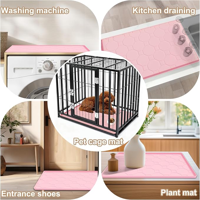 Silicone Cat Litter Mat, 34“ x 22” Waterproof Cat Litter Mats for Floors, Raised Edges Prevent Leaks and Make Cleaning Easy (Pink)