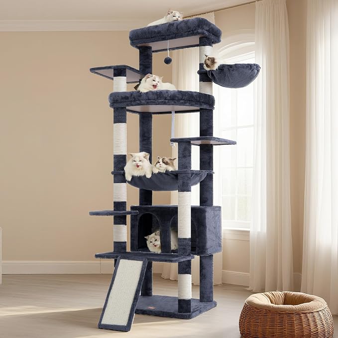 Heybly Tall Cat Tree for Large Cat, 80-inch Multi-Level Cat Tower HCT038G | Condo Furniture for Indoor Cats with Large Baseboard, 2 Widened Plush Perches, Scratching Board, Big Caves, Smoky Gray