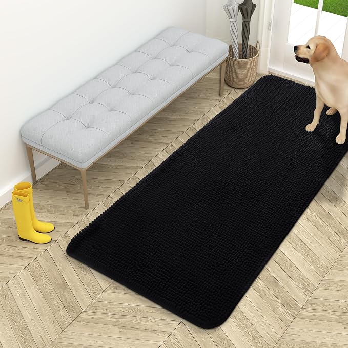 OLANLY Dog Door Mat for Muddy Paws 54x24, Super Absorbent Chenille Mud Mat | Black, Absorbs Moisture and Dirt, Non-Slip Machine Washable Doormat, Quick-Drying Indoor Entryway Floor Carpet for Dogs