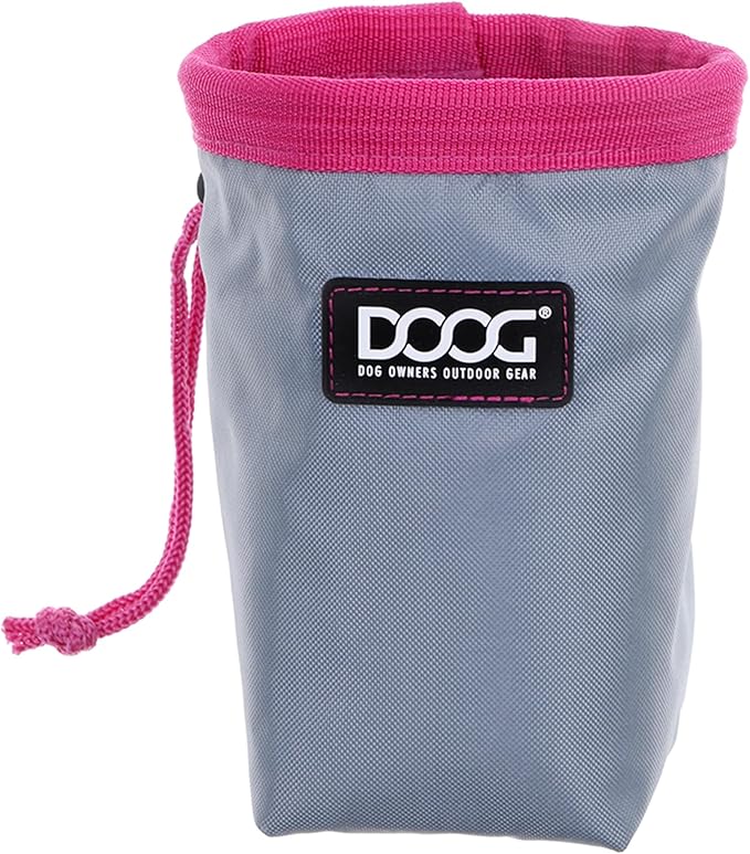 DOOG Clip On Dog Treat Pouch (Small) - Compact Hands-Free Puppy Training Reward Bag with Secure Waist Clip, Pull-String Closure & Washable Inner Lining - Grey/Pink