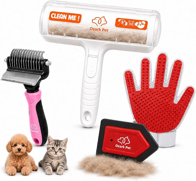 Ozark 4-in-1 Pet Care & Pet Hair Control System for Dogs & Cats – Deshedding Tool, Pet Hair Remover, Grooming Glove, Detail Cleaner for Furniture, Couch, Carpet, Home & Car (Red, Combo 4-in-1 Large)