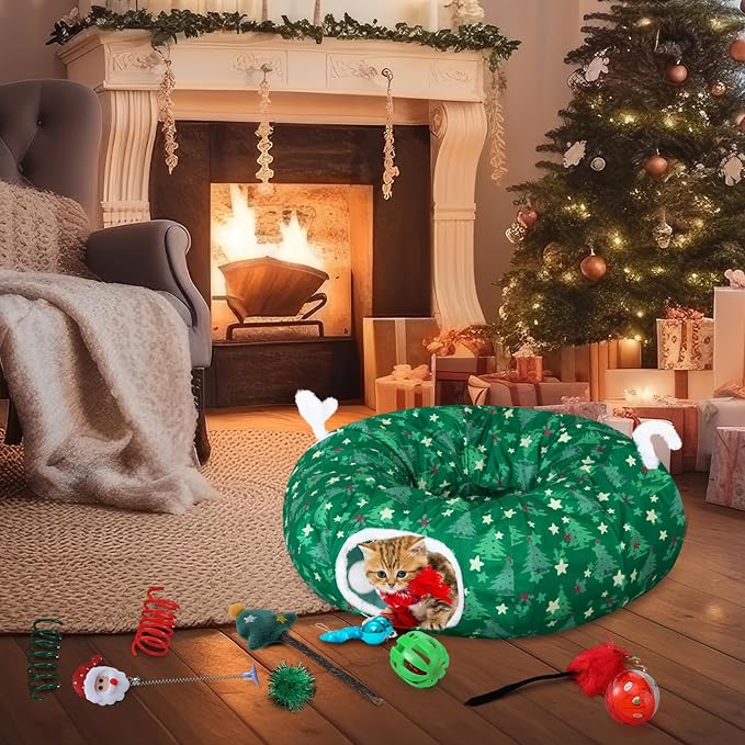 Dansydaisy Cat Tunnel Christmas Tree Skirt, Green Christmas Tree Cat Tunnel Bed with Star and Toys, Hanging Pom Ball Plush Washable Cushion Peekaboo Playground for Small Medium Rabbit Xmas Decor