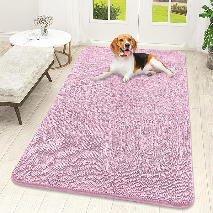 OLANLY Dog Door Mat for Muddy Paws 59x32, Super Absorbent Chenille Mud Mat | Dusty Rose, Absorbs Moisture and Dirt, Non-Slip Machine Washable Doormat, Quick-Drying Indoor Entryway Floor Carpet for Dogs