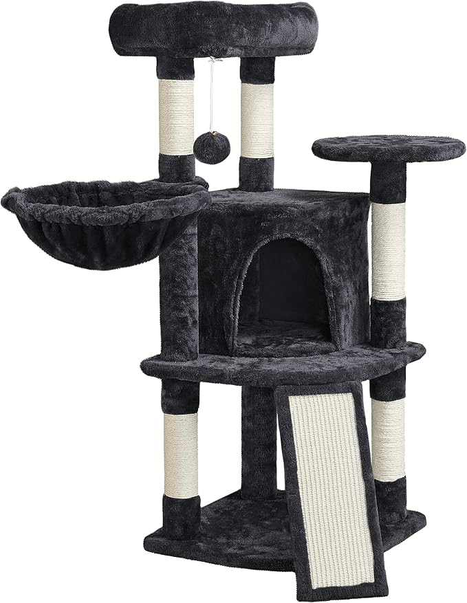 Topeakmart 42in Cat Tree Tower for Indoor Cats, Cat Condo with Perch & Hammock, Activity Center, Multi-Level Cat Furniture with Scratching Posts, Cat House, Black
