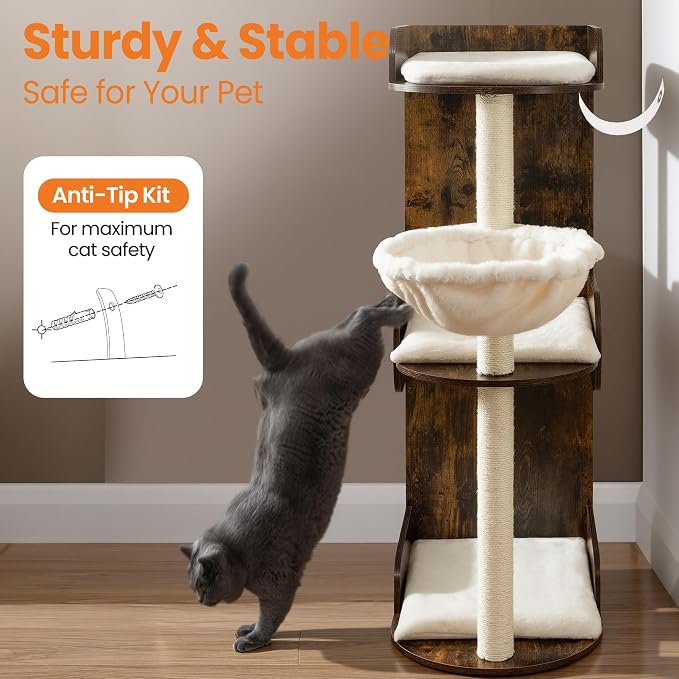44.8in Modern Wood Cat Tree Tower for Indoor Large Cats with Perch | Multi-level Big Platforms, Sisal Scratching Posts, Cozy Hammock, Washable Pads, Ideal for Windows and Corners, Rustic Brown