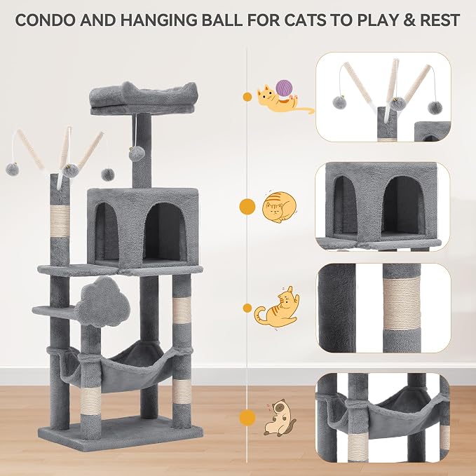 YITAHOME 44in Cat Tree Tower Indoor | Multi-Level Cat Condo with Scratching Posts, Cat Window Padded Plush Perch, Cozy Hammock, Funny Pompoms, Light Gray