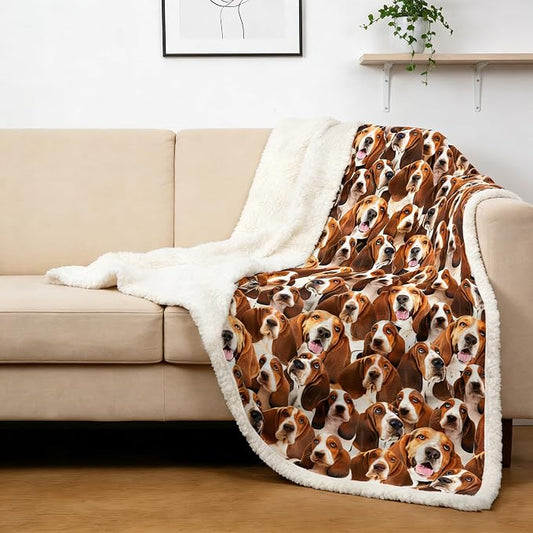 BlessLiving Bassett Hound Brown Throw Blanket with Dense Dog Patterns Sherpa Fleece Blanket Couch Bed, Soft Cozy Warm Pet Blankets for Puppy Lovers Cute Animal Print Gift 60x80 Inches