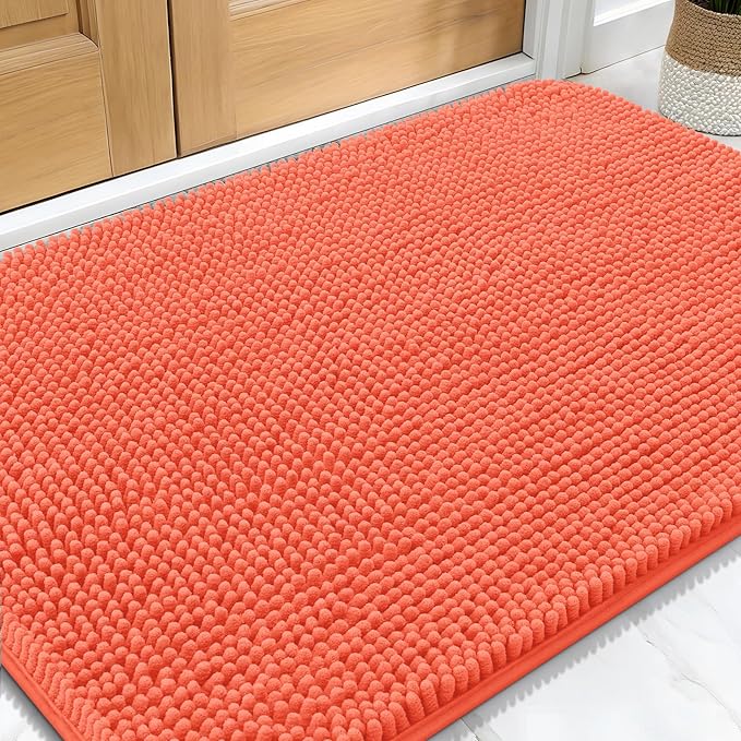 OLANLY Dog Door Mat for Muddy Paws 32x20, Super Absorbent Chenille Mud Mat | Coral, Absorbs Moisture and Dirt, Non-Slip Machine Washable Doormat, Quick-Drying Indoor Entryway Floor Carpet for Dogs