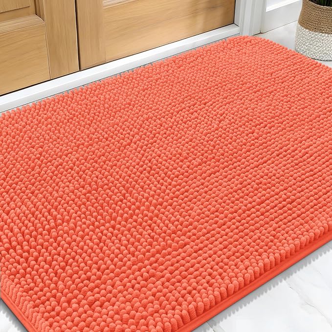 OLANLY Dog Door Mat for Muddy Paws 34x21, Super Absorbent Chenille Mud Mat | Coral, Absorbs Moisture and Dirt, Non-Slip Machine Washable Doormat, Quick-Drying Indoor Entryway Floor Carpet for Dogs