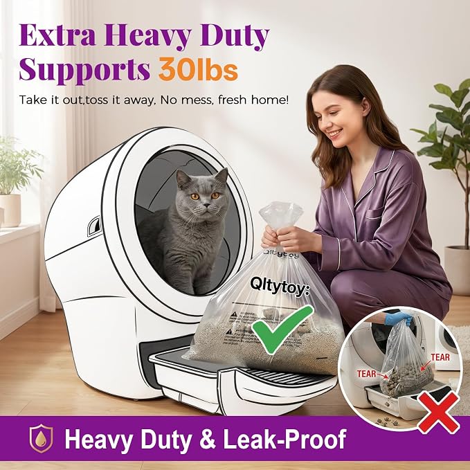 180 Pack Cat litter Bags Fit Litter Box Robot 5/4/3 Waste Bags,30LBS Heavy Duty Automatic Litter Box Liners,Transparent,Sensor-Compatible,9-11 Gallon,Leak-Proof,Replacement Cat Waste Liners