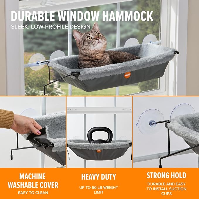 K&H Cat Window Perch, EZ Mount Cat Window Hammock, Holds 50 lbs, Gray | Sturdy Kitty Sill Seat, Strong Suction Cups, Metal Frame, Space-Saving Cord-Free Design, Indoor Window Bed, 23x12x9in