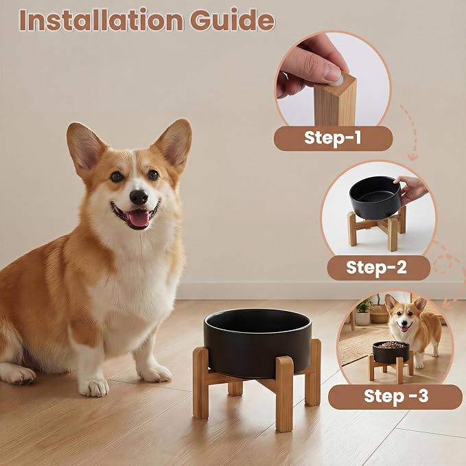 hjn Elevated Ceramic Dog Bowl with Bamboo Stand, Raised Pet Feeding Station for Small Medium Dogs Cats, Modern Design with Anti-Slip Base (Black, 3.6Cup)