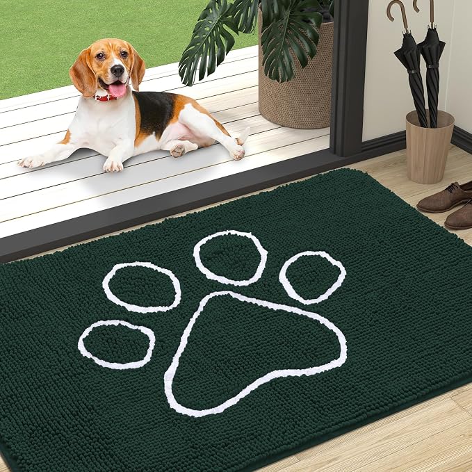 OLANLY Dog Door Mat for Muddy Paws 47x32, Paw Print Design Chenille Mud Mat | Blackish Green, Absorbent, Traps Moisture and Dirt, Non-Slip Washable Doormat, Quick-Dry Indoor Entryway Carpet for Dogs