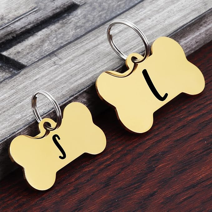 Ultra Joys Personalized Dog Tags for Pets - Durable Stainless Steel Customizable Dog Cat ID Tags - Dog Tags for Safety Optional Engraved on Both Sides -Bone Shape Dog Tag Small Size, Gold