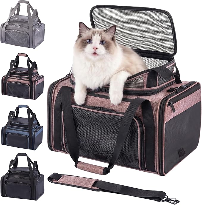 Cat Carrier Soft Sided, Expandable Pet Carrier for Medium Small Pets, Collapsible Travel Carrier with Hard Shell, 360° Panoramic Mesh, Washable Waterproof Pad | – 17.3×13.8×9.4 (Pink)
