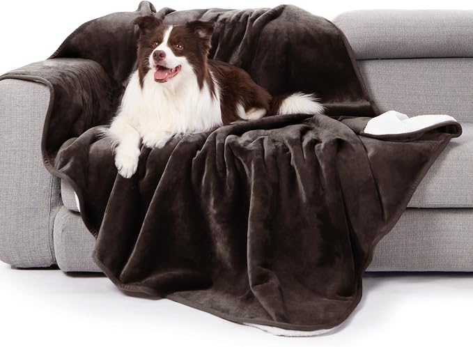 gogobunny Waterproof Bed Blanket, Reversible Sherpa Fleece Throw Blanket for Dog Puppy Cat, Furniture Cover Protects Bed Couch Sofa from Liquid Pee and Pet Fur (Dark Brown, 90x90 inches)
