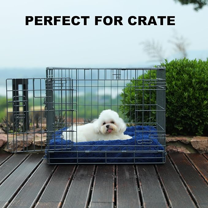 Bedfolks Waterproof Dog Crate Bed, Plush Dog Pad, 23"x18", Solid Dark Blue | Faux Fur Plush Cover, Zippered Removable Washable Outer, Waterproof Inner Lining, Non-Slip Base, Crate Pad and Dog Pillow