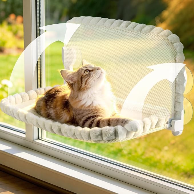 Cat Window Perch - Beige Cordless Foldable Cat Window Hammock for Large Cats, Sturdy Metal Frame Hanging Cat Bed, 40 lbs Capacity