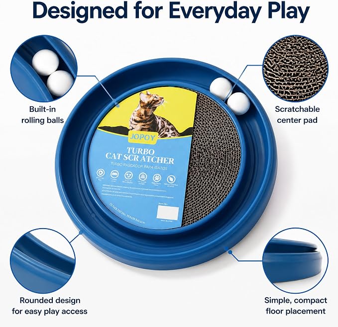 Cat Scratcher Toy Ball Track, Blue | Round Interactive Scratching Board, Exercise Set, Indoor Cats, Adult and Kitten, Mental & Physical Stimulation