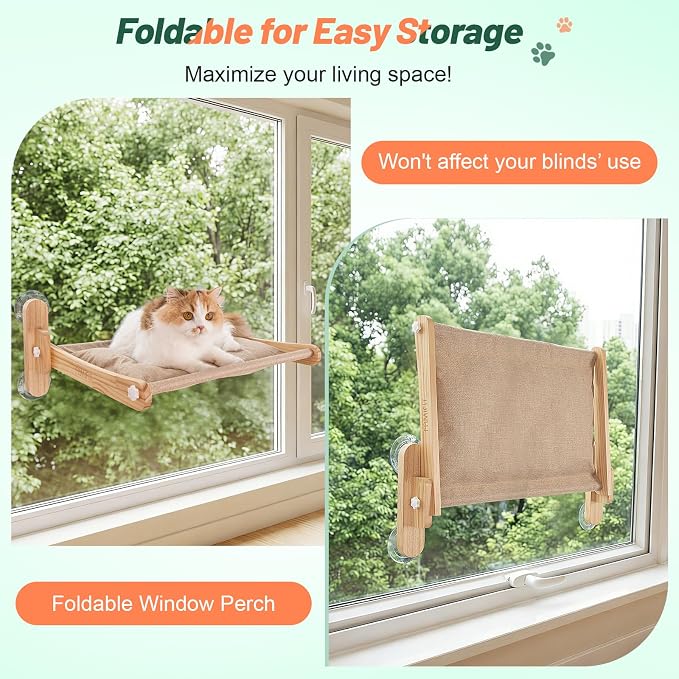 Large Foldable Cat Window Perch - Natural Pine Cat Sill Seat, 50LBS Heavy Duty Cordless Design, Space-Saving No-Scratch Window Hammock for Indoor Cats