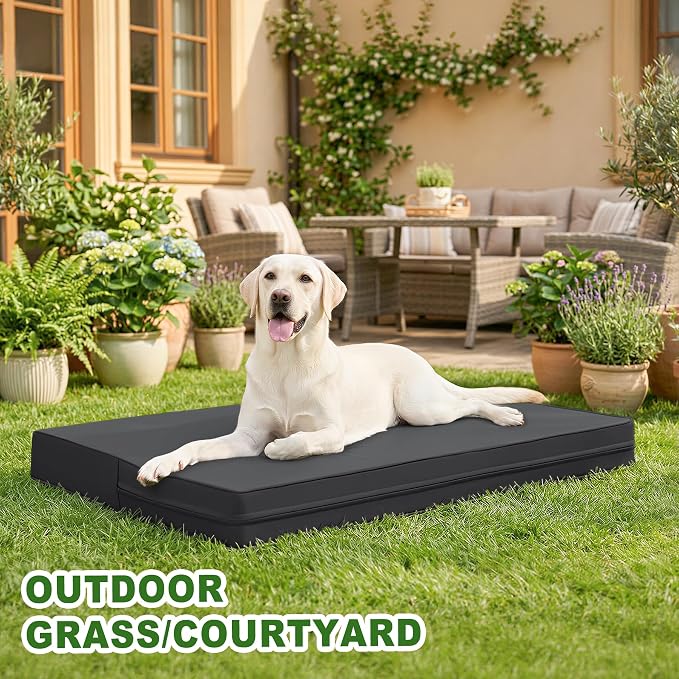 Vonabem Outdoor Dog Bed Waterproof Washable, XXL Large Crate Pad 48 Inch, Wipeable Leather Pet Beds with Removable Cover, Durable Foam Anti-Slip Kennel Pad 47"x29" Black
