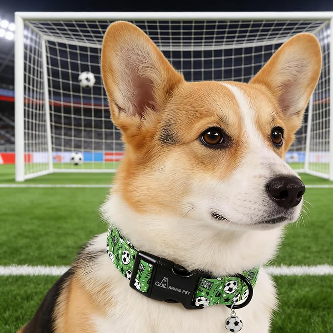 ARING PET Soccer Dog Collar, Cute Green Doggy Collars with Quick Release Buckle for Puppy Small Medium Large Boy Girl Dogs-M