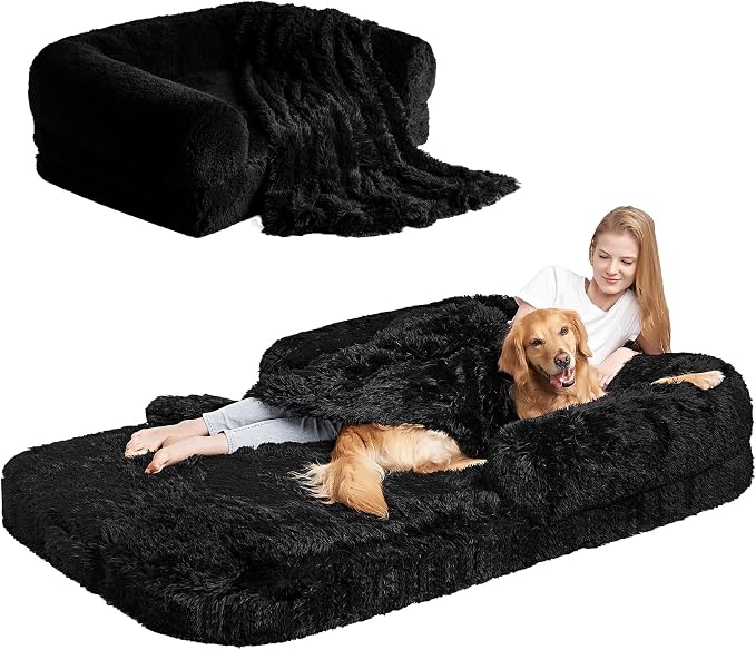 EHEYCIGA Foldable Human Dog Bed, 72"x44"x11" Orthopedic Memory Foam Human Sized Dog Bed, Waterproof Pet Bed for People, Faux Fur Pet Couch for Adult with Non-Slip Bottom, Black