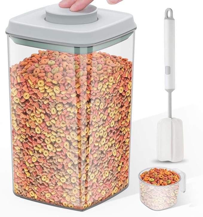 LEAWALK 4.2Qt Airtight Dog Cat Food Storage Container and Dog Treat Containers BPA-Free, PET Clear Stackable Pet Storage Bin, 1 Cup Scoop, 1 Sponge cleaning brush, Pop Top, With handle -1Pack