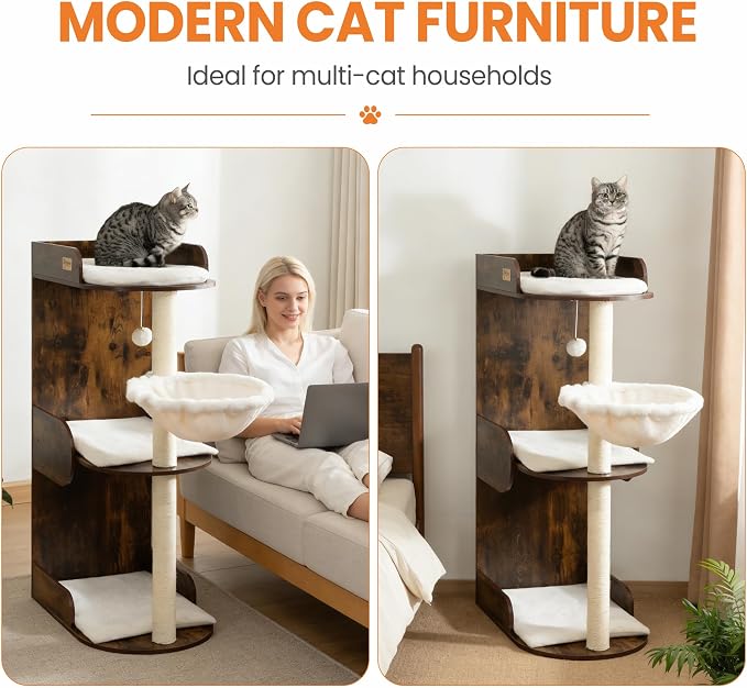 44.8in Modern Wood Cat Tree Tower for Indoor Large Cats with Perch | Multi-level Big Platforms, Sisal Scratching Posts, Cozy Hammock, Washable Pads, Ideal for Windows and Corners, Rustic Brown