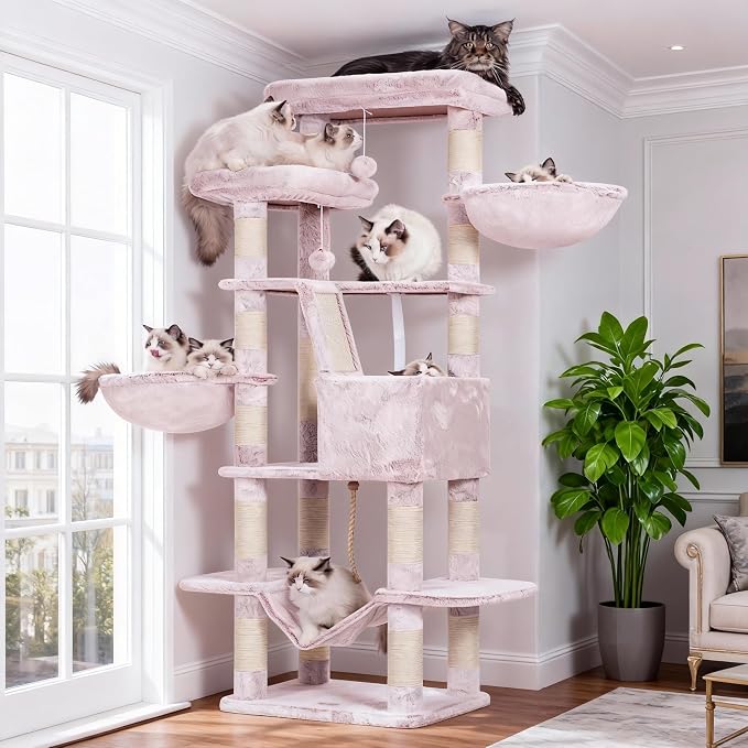 Heybly Cat Tree, 68 inch Multi-Level Cat Tower for Indoor Cats HCT025MU | Cat Condo with 2 Widened Plush Perches, 2 Cozy Baskets, Scratching Board and Big Caves, Rosy Brown