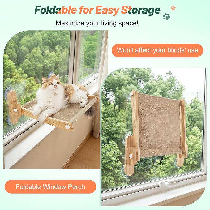 Cat Window Perch, 100% Natural Pine Foldable Cat Window Seat, Cordless Safety Design with 50LBS Weight Capacity, No Drilling Easy Installation for Indoor Cats & Home Decor