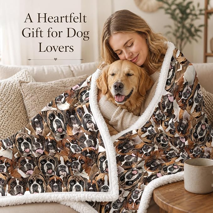 BlessLiving Boxer Brown Throw Blanket with Dense Dog Patterns Sherpa Fleece Blanket Couch Bed, Soft Cozy Warm Pet Blankets for Puppy Lovers Cute Animal Print Gift 60x80 Inches
